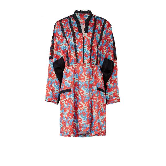 Koche Lace Trim Floral Dress Red Zip Crepe V-Neck Pockets 40 US 8 - Picture 2 of 14